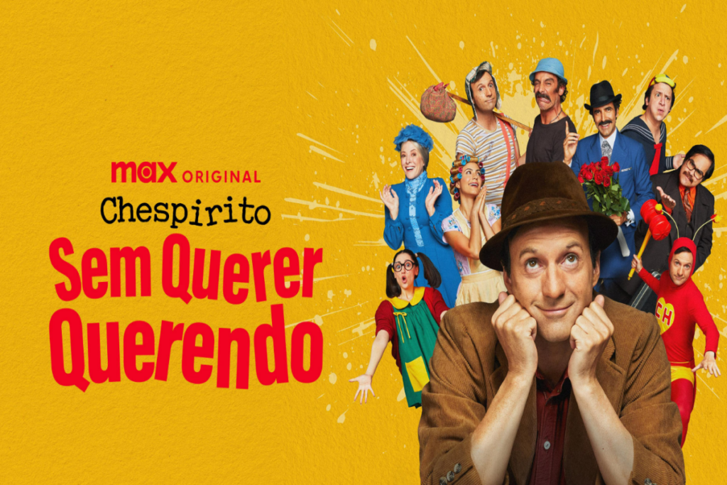 Imagem com fundo amarelo com o título da série e ao lado homem com chapéu marrom, com blusa marrom e com as mãos perto do rosto, atrás deles imagens dos personagens do programa Chaves e Chapolin