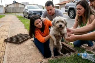 Cachorro é salvo por moradores após ser abandonado em bueiro pelo tutor em Goiânia