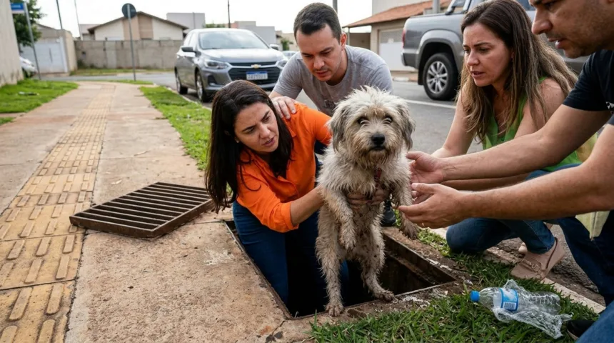 Cachorro é salvo por moradores após ser abandonado em bueiro pelo tutor em Goiânia Cachorro é salvo por moradores após ser abandonado em bueiro pelo tutor em Goiânia