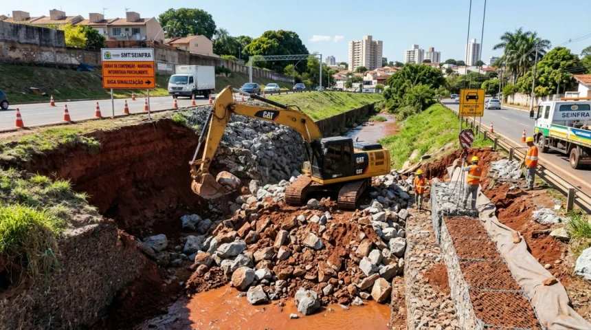 Erosão na Marginal Botafogo causa interdição parcial em trecho de Goiânia