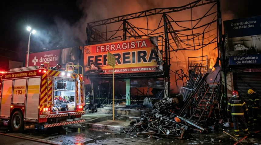 Incêndio de grandes proporções consome ferragista e atinge comércios em Goiânia