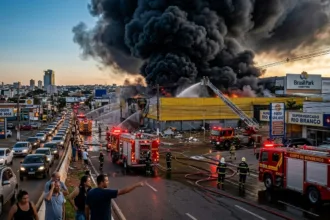 Bombeiros combatem fogo perto de shopping em Anápolis e assustam moradores com fumaça