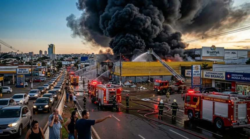 Bombeiros combatem fogo perto de shopping em Anápolis e assustam moradores com fumaça