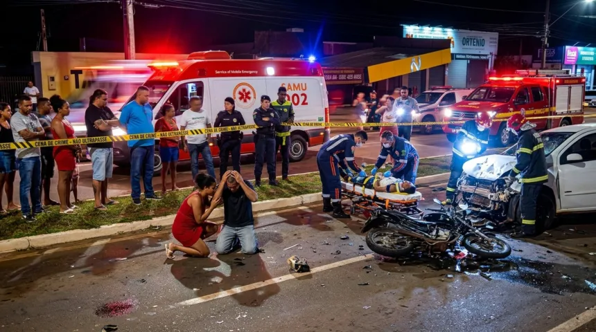 Colisão frontal entre carro e moto deixa um morto e um ferido em avenida Colisão frontal entre carro e moto deixa um morto e um ferido em avenida