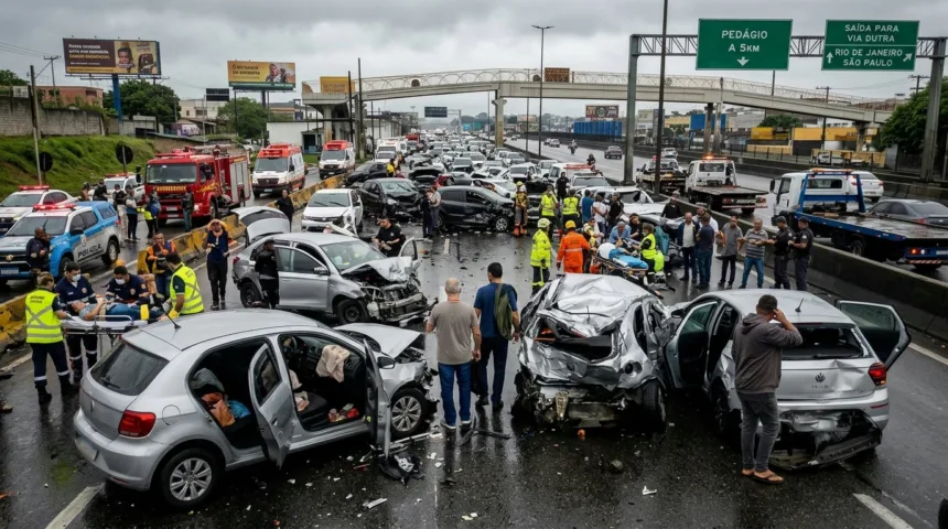 Engavetamento com vinte veículos na via Dutra deixa feridos após mal súbito de motorista Engavetamento com vinte veículos na via Dutra deixa feridos após mal súbito de motorista