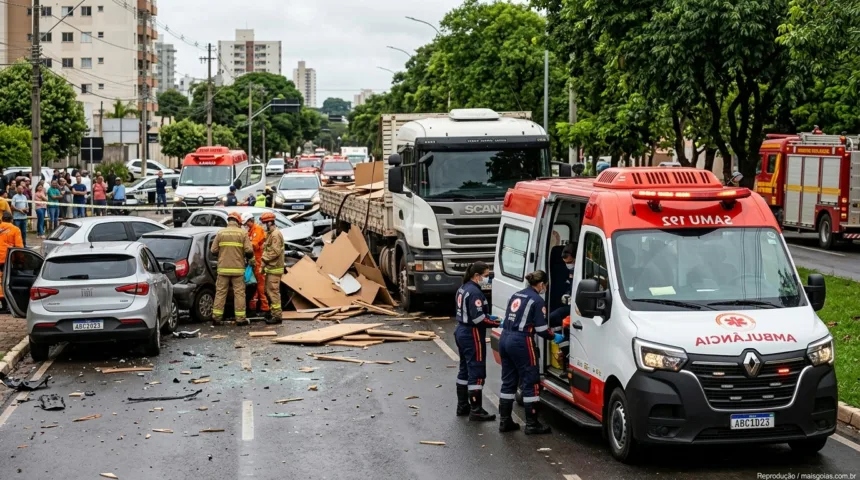 Engavetamento envolvendo caminhão de MDF deixa ferida e causa destruição em Goiânia Engavetamento envolvendo caminhão de MDF deixa ferida e causa destruição em Goiânia