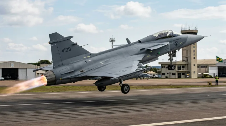 Gripen e fabricado no Brasil realiza voo inaugural e reforçará defesa aérea Gripen e fabricado no Brasil realiza voo inaugural e reforçará defesa aérea