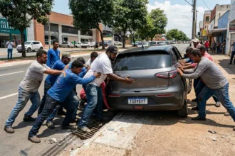 Grupo de homens se mobiliza para retirar carro preso em bueiro em Goiânia