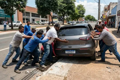 Grupo de homens se mobiliza para retirar carro preso em bueiro em Goiânia