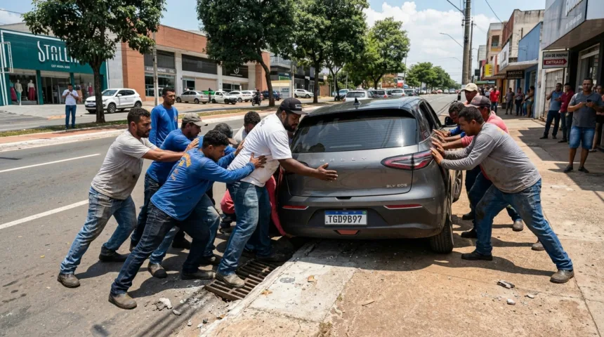 Grupo de homens se mobiliza para retirar carro preso em bueiro em Goiânia Grupo de homens se mobiliza para retirar carro preso em bueiro em Goiânia