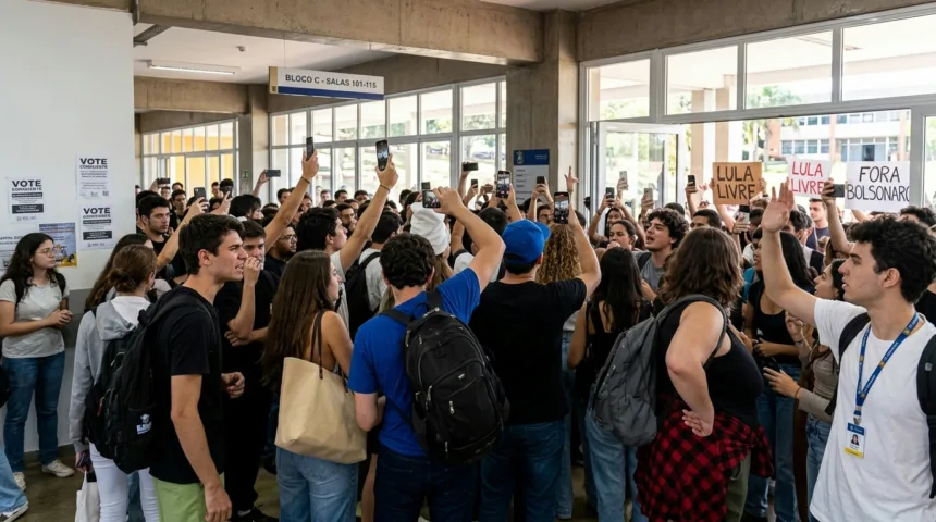 Protestos e tensão marcam manifestações políticas entre universitários na PUC Goiás Protestos e tensão marcam manifestações políticas entre universitários na PUC Goiás